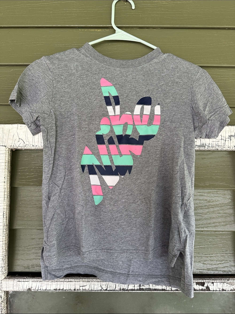 Nike Gray Short Sleeve Tee with Pink, Teal & Navy Striped Logo